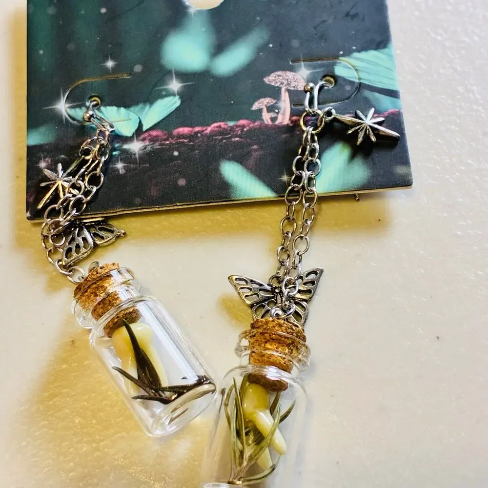 Fairy Bottle Dangle Earrings Glass Vial Butterfly Mushroom Cottagecore Gothic